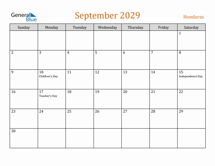 September 2029 Holiday Calendar with Sunday Start