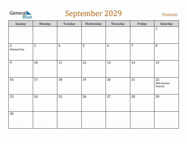 September 2029 Holiday Calendar with Sunday Start