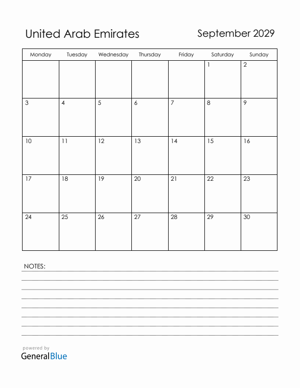 September 2029 United Arab Emirates Calendar with Holidays (Monday Start)