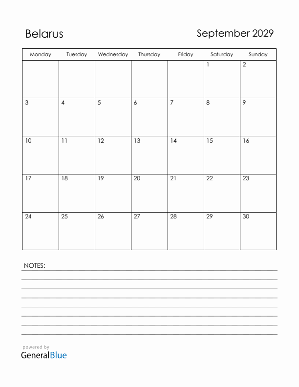 September 2029 Belarus Calendar with Holidays (Monday Start)