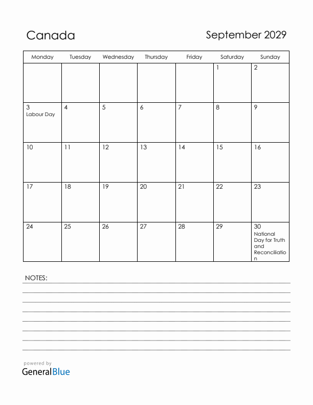 September 2029 Canada Calendar with Holidays (Monday Start)