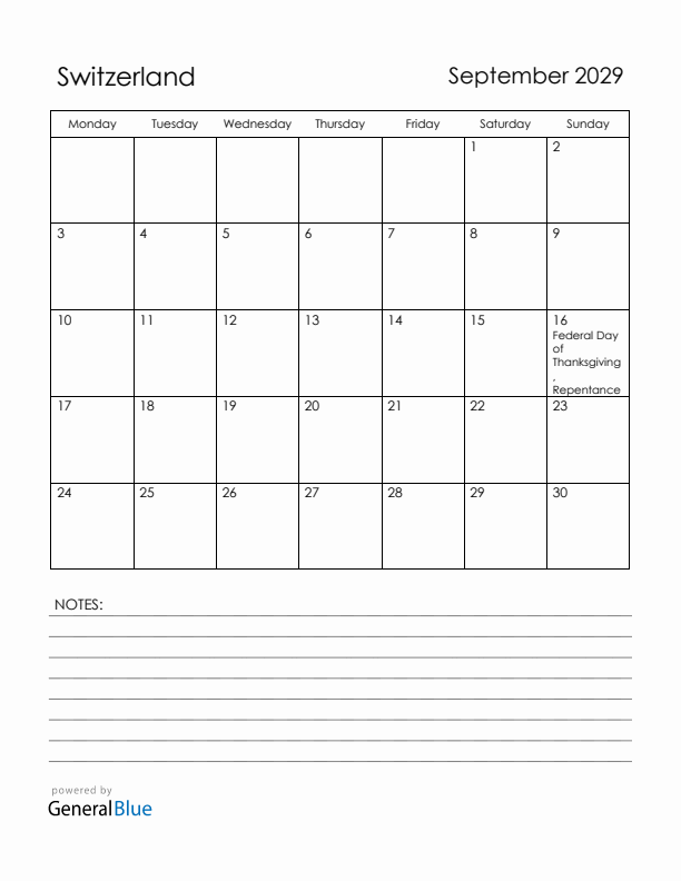 September 2029 Switzerland Calendar with Holidays (Monday Start)