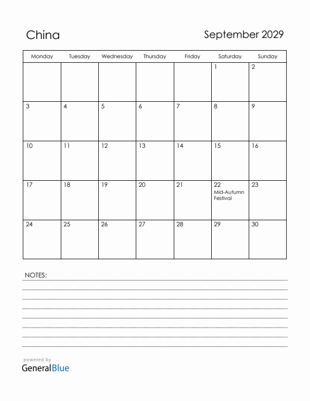 September 2029 China Calendar with Holidays (Monday Start)