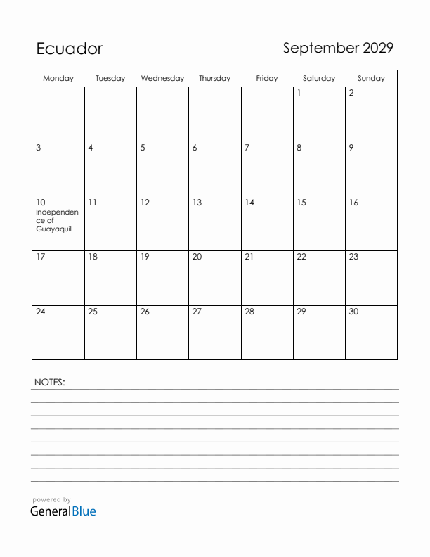 September 2029 Ecuador Calendar with Holidays (Monday Start)
