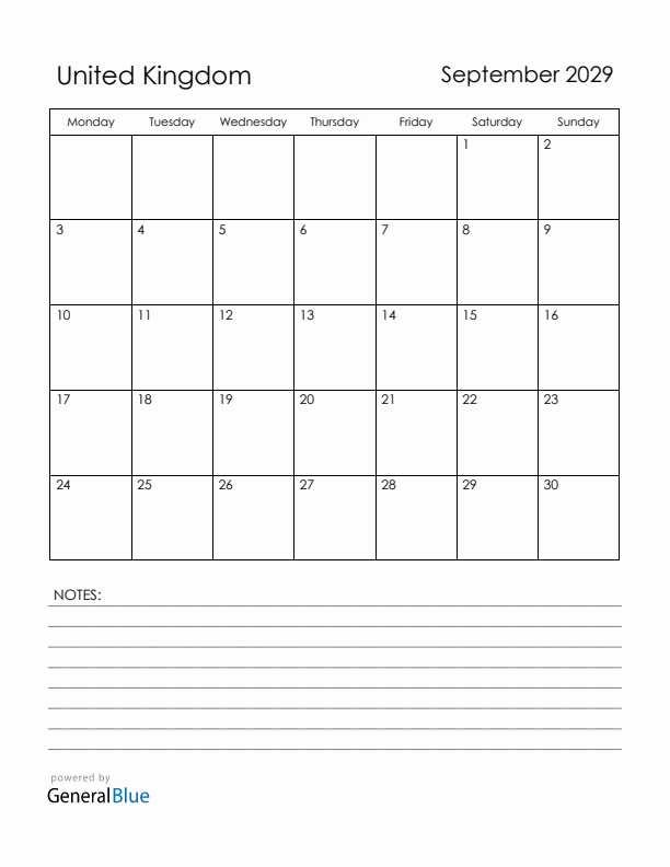 September 2029 United Kingdom Calendar with Holidays (Monday Start)