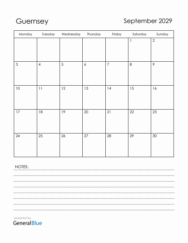 September 2029 Guernsey Calendar with Holidays (Monday Start)