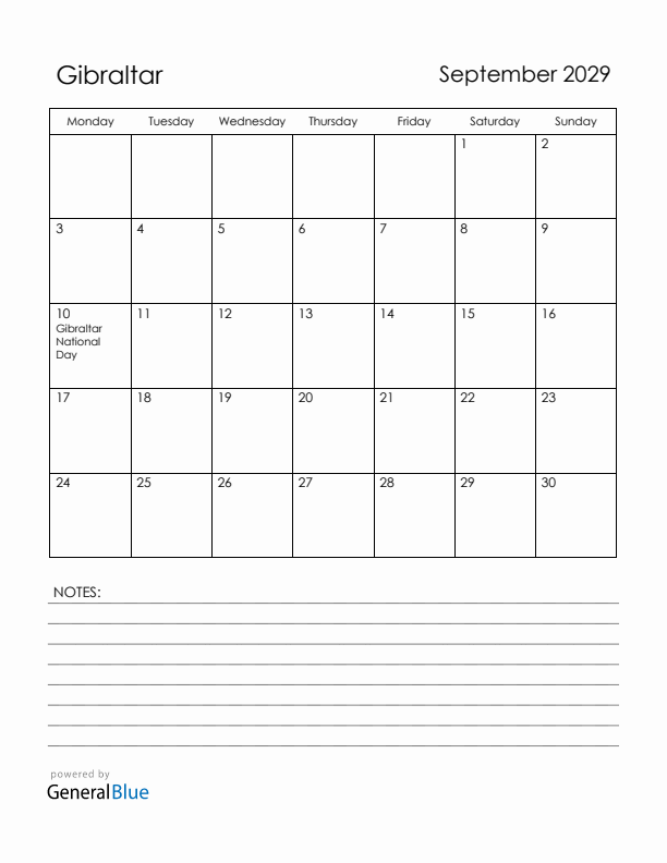 September 2029 Gibraltar Calendar with Holidays (Monday Start)