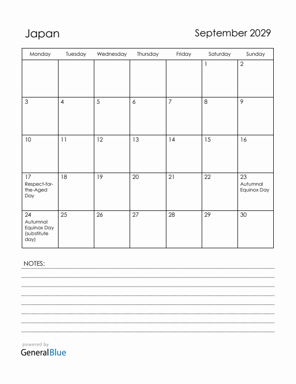 September 2029 Japan Calendar with Holidays (Monday Start)