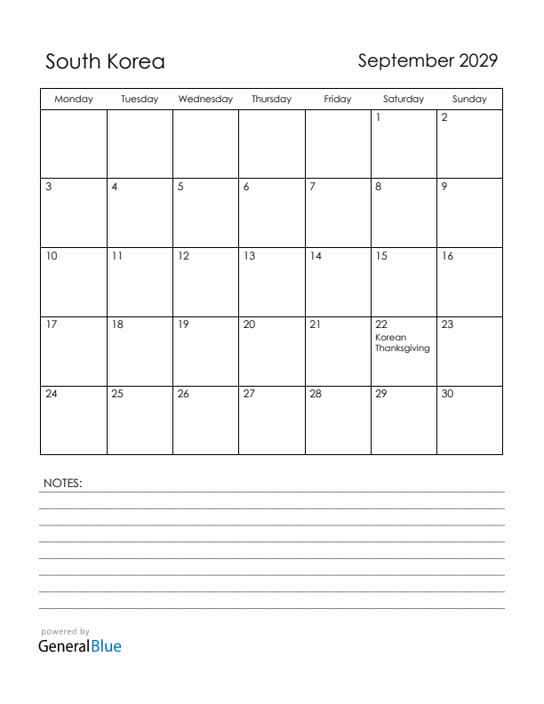 September 2029 South Korea Calendar with Holidays (Monday Start)