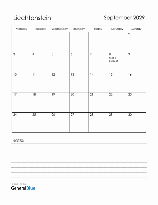 September 2029 Liechtenstein Calendar with Holidays (Monday Start)