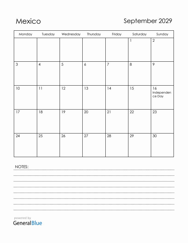 September 2029 Mexico Calendar with Holidays (Monday Start)