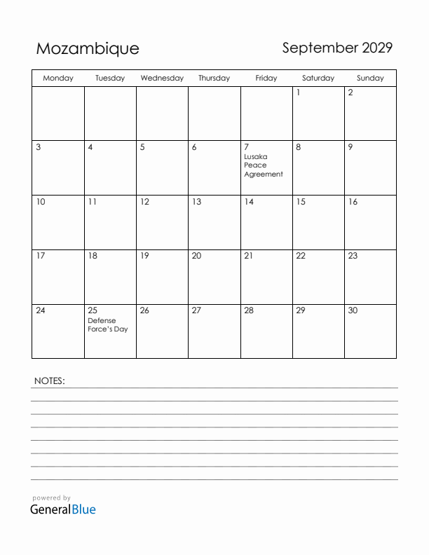 September 2029 Mozambique Calendar with Holidays (Monday Start)