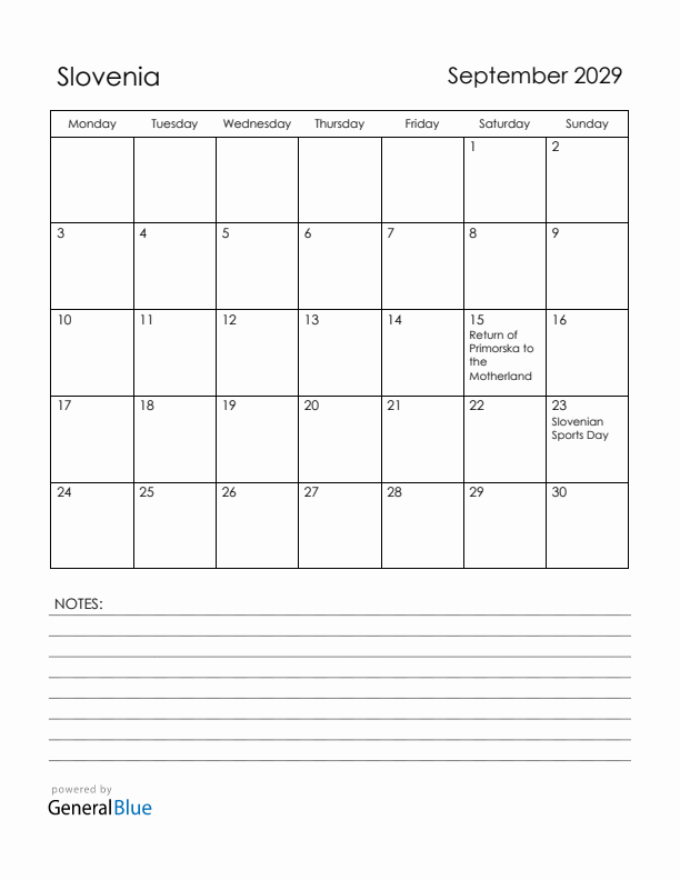 September 2029 Slovenia Calendar with Holidays (Monday Start)