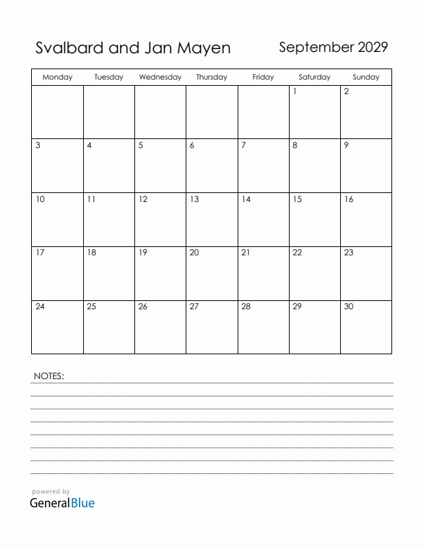 September 2029 Svalbard and Jan Mayen Calendar with Holidays (Monday Start)