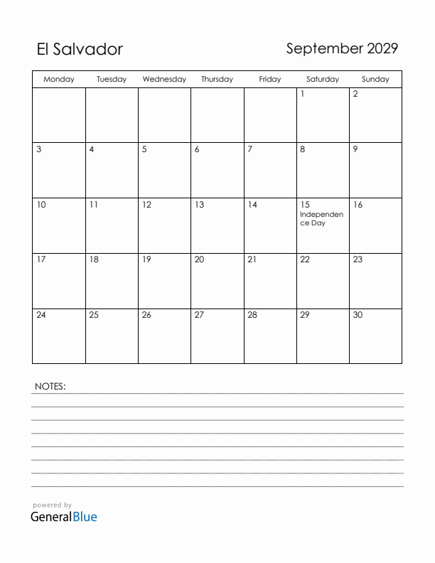 September 2029 El Salvador Calendar with Holidays (Monday Start)