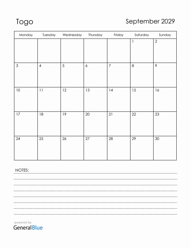 September 2029 Togo Calendar with Holidays (Monday Start)