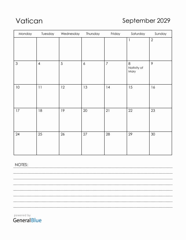 September 2029 Vatican Calendar with Holidays (Monday Start)