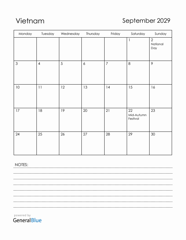 September 2029 Vietnam Calendar with Holidays (Monday Start)