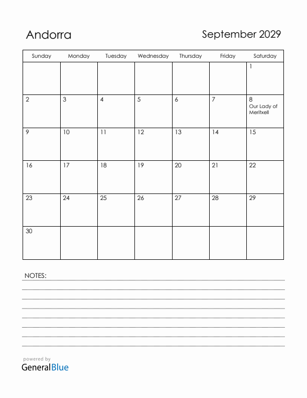 September 2029 Andorra Calendar with Holidays (Sunday Start)