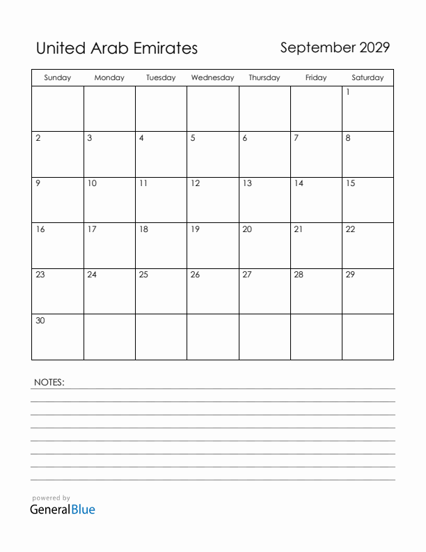 September 2029 United Arab Emirates Calendar with Holidays (Sunday Start)