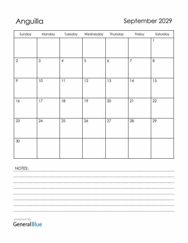 September 2029 Anguilla Calendar with Holidays (Sunday Start)