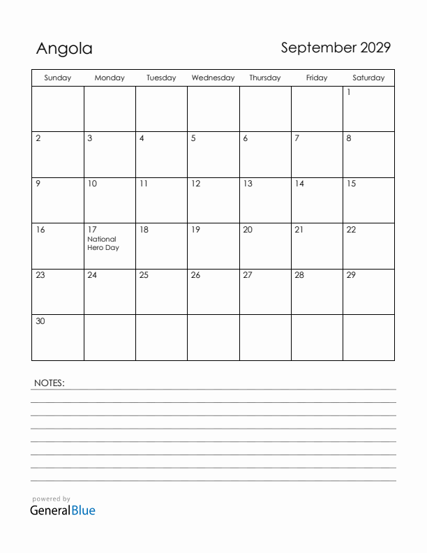 September 2029 Angola Calendar with Holidays (Sunday Start)