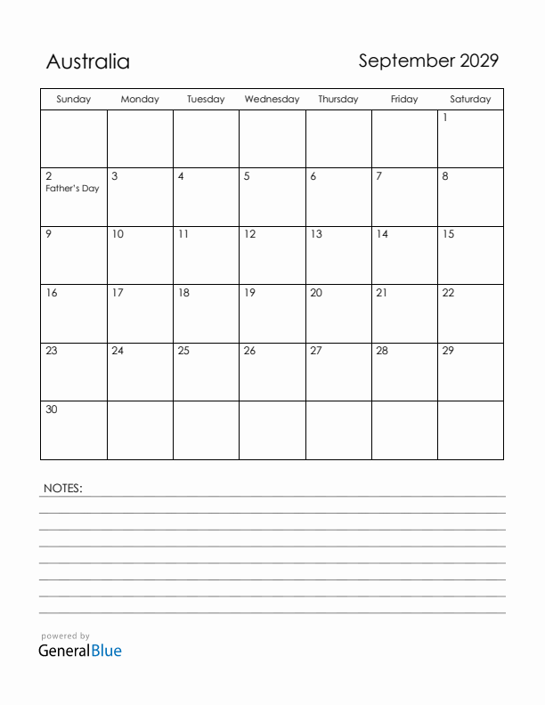 September 2029 Australia Calendar with Holidays (Sunday Start)