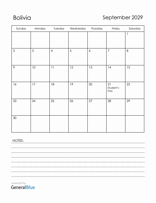 September 2029 Bolivia Calendar with Holidays (Sunday Start)
