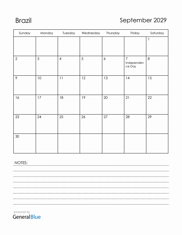 September 2029 Brazil Calendar with Holidays (Sunday Start)
