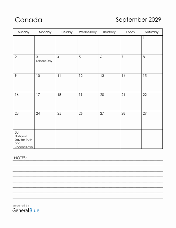 September 2029 Canada Calendar with Holidays (Sunday Start)