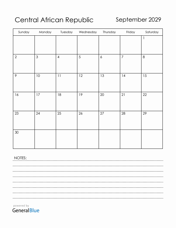 September 2029 Central African Republic Calendar with Holidays (Sunday Start)