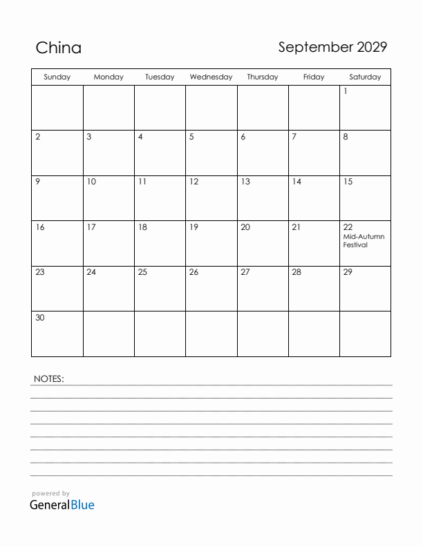September 2029 China Calendar with Holidays (Sunday Start)