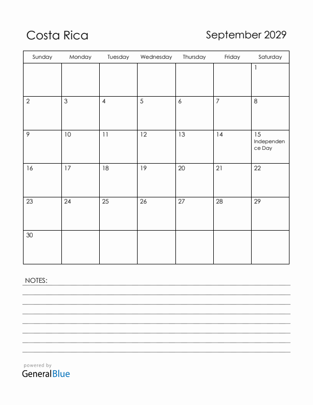 September 2029 Costa Rica Calendar with Holidays (Sunday Start)