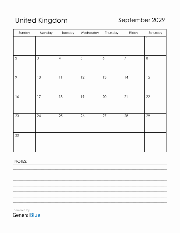 September 2029 United Kingdom Calendar with Holidays (Sunday Start)