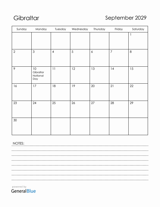 September 2029 Gibraltar Calendar with Holidays (Sunday Start)