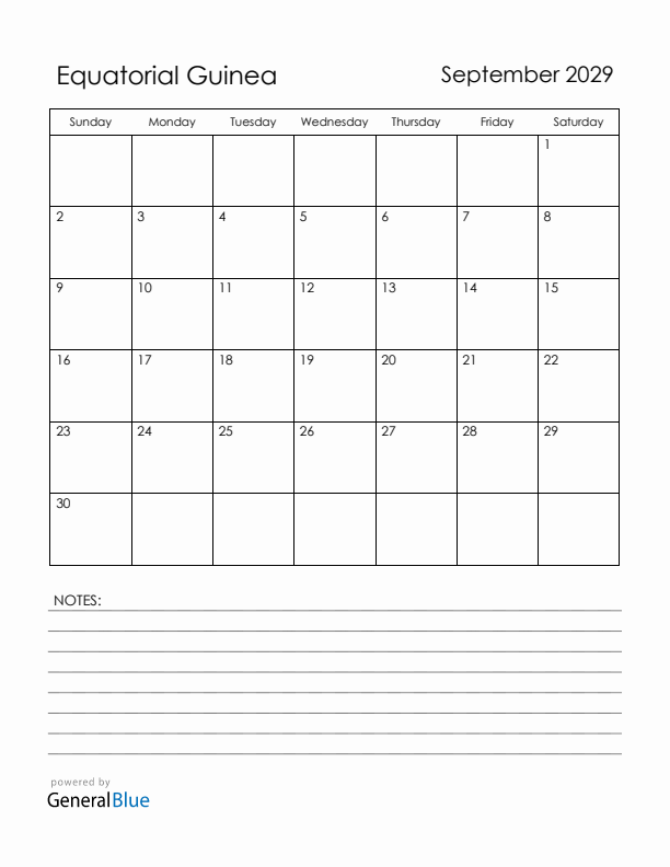 September 2029 Equatorial Guinea Calendar with Holidays (Sunday Start)