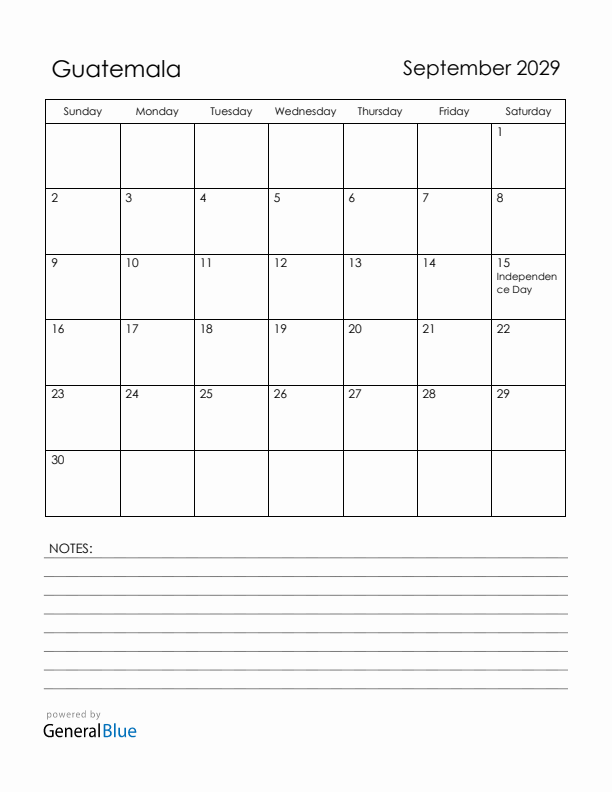 September 2029 Guatemala Calendar with Holidays (Sunday Start)