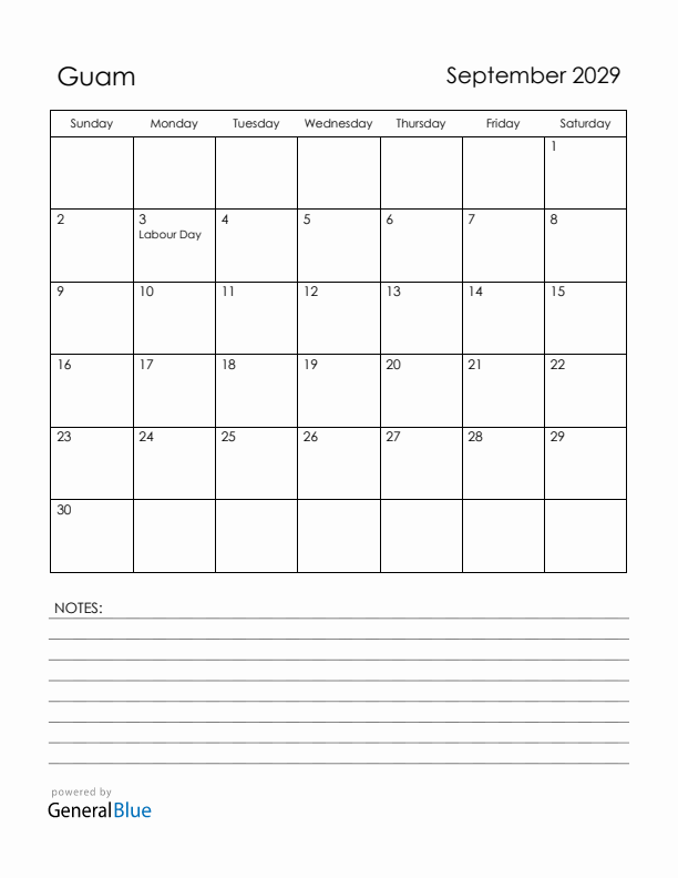 September 2029 Guam Calendar with Holidays (Sunday Start)