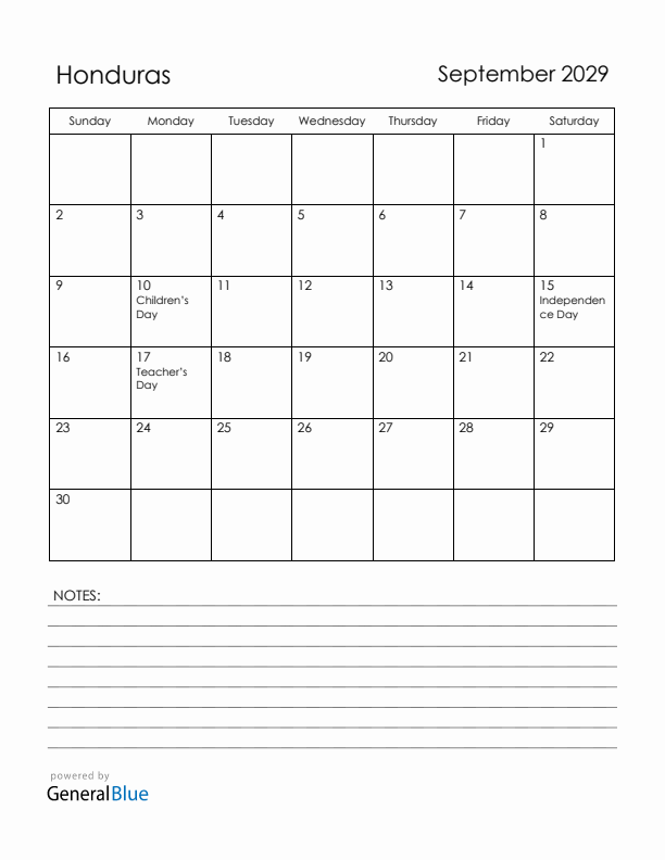 September 2029 Honduras Calendar with Holidays (Sunday Start)