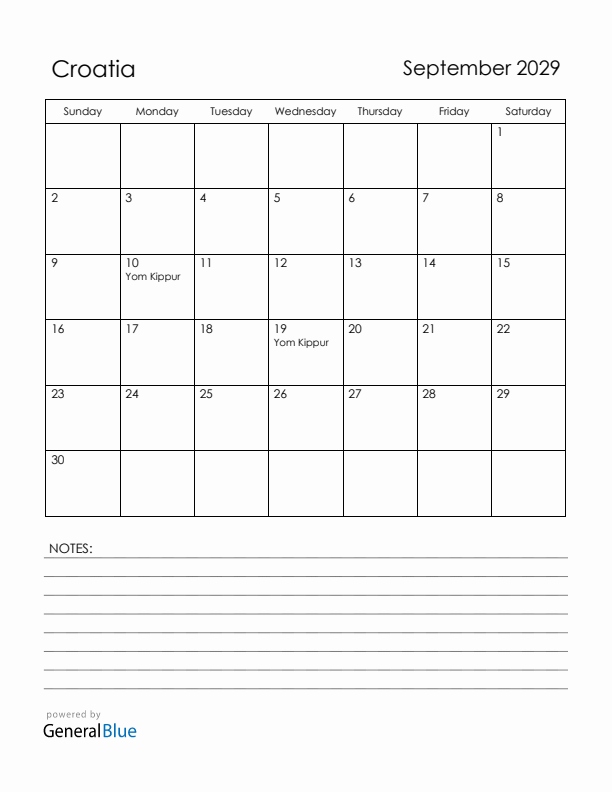 September 2029 Croatia Calendar with Holidays (Sunday Start)