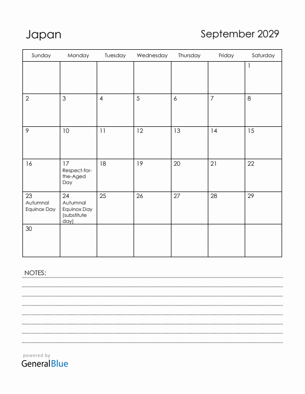 September 2029 Japan Calendar with Holidays (Sunday Start)