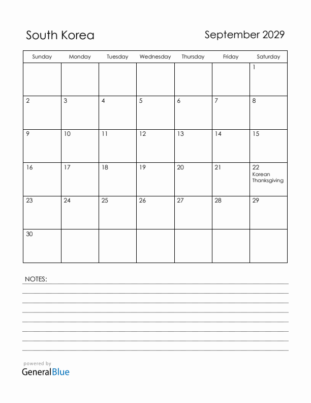 September 2029 South Korea Calendar with Holidays (Sunday Start)