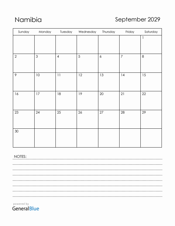 September 2029 Namibia Calendar with Holidays (Sunday Start)