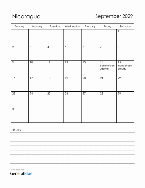 September 2029 Nicaragua Calendar with Holidays (Sunday Start)