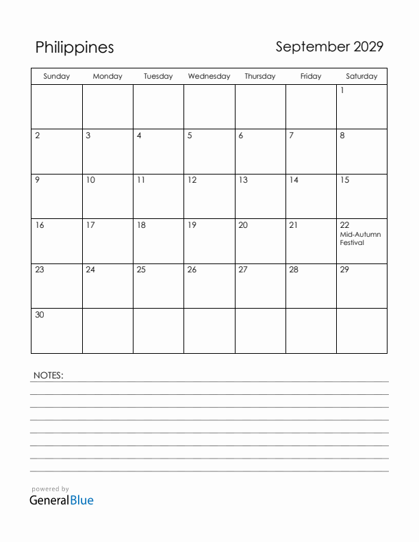 September 2029 Philippines Calendar with Holidays (Sunday Start)