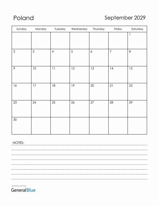 September 2029 Poland Calendar with Holidays (Sunday Start)