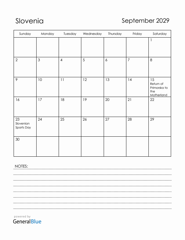 September 2029 Slovenia Calendar with Holidays (Sunday Start)