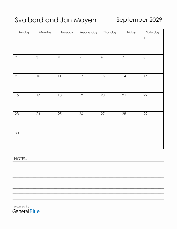 September 2029 Svalbard and Jan Mayen Calendar with Holidays (Sunday Start)