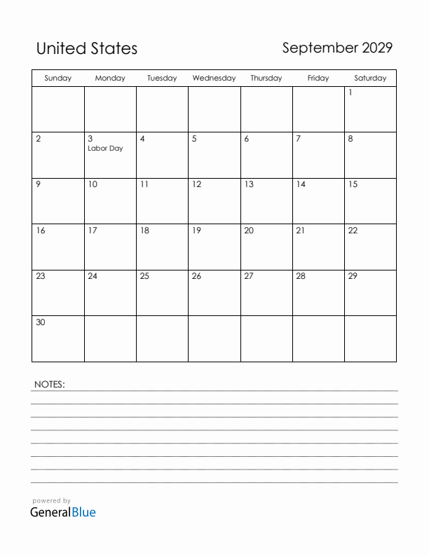 September 2029 United States Calendar with Holidays (Sunday Start)