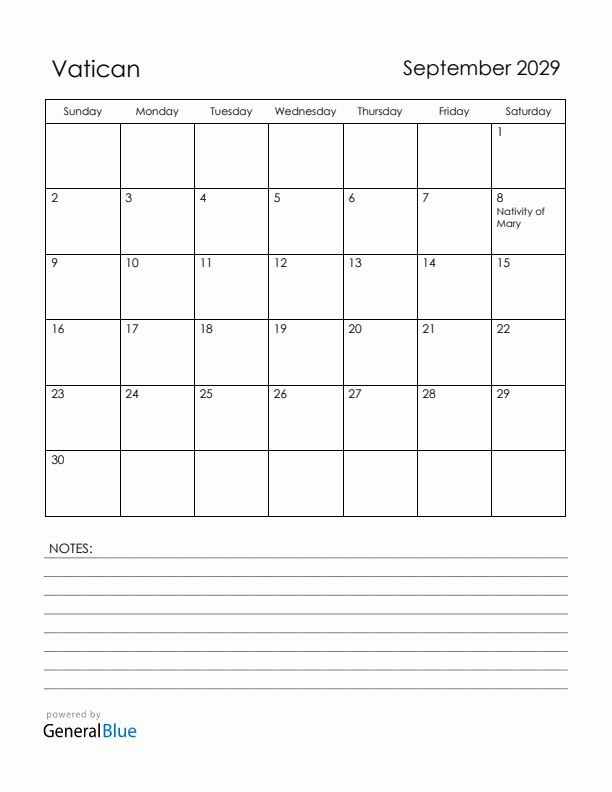 September 2029 Vatican Calendar with Holidays (Sunday Start)